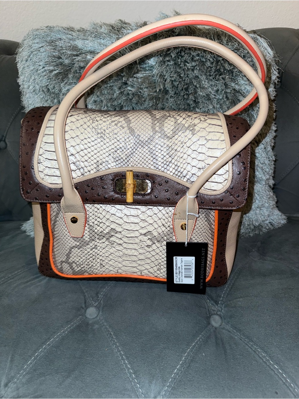 Structured Top-Handle Satchel in Beige, Brown & Orange